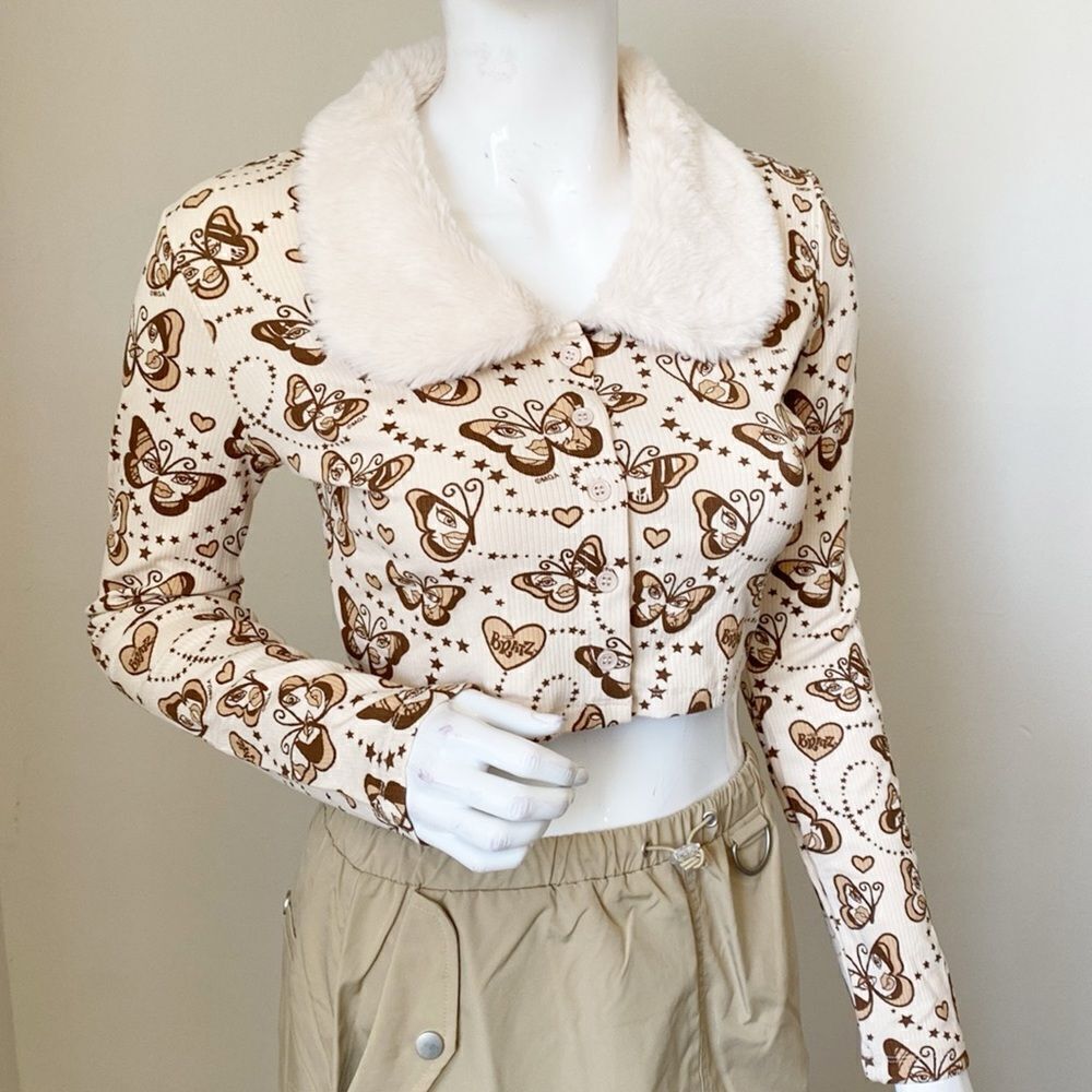 NWOT Dolls Kill x Bratz Rep the Realest Butterfly Print Cardigan Faux Fur Collar